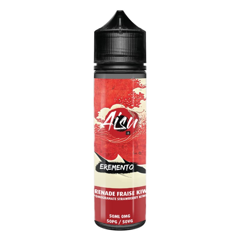 Flacon de 50ml E-liquide Aisu Eremento Grenade Fraise Kiwi avec étiquette rouge au design japonais.