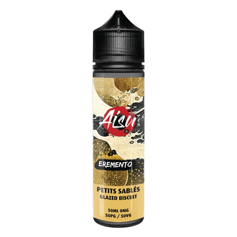 Flacon de 50ml d'e-liquide Aisu Eremento Petits Sablés avec étiquette dorée aux motifs artistiques noirs et bouchon noir.