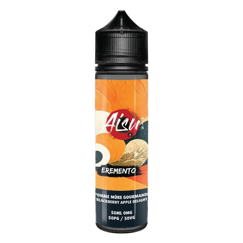 Flacon de 50ml E-liquide Aisu Eremento Pomme Mûre Gourmande avec étiquette orange et noire, bouchon noir.