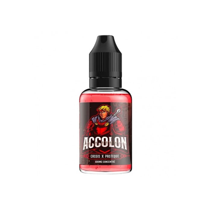 Flacon PET 30ml d'arôme concentré Accolon Xcalibur avec liquide rouge, bouchon noir et étiquette illustrée d'un guerrier.