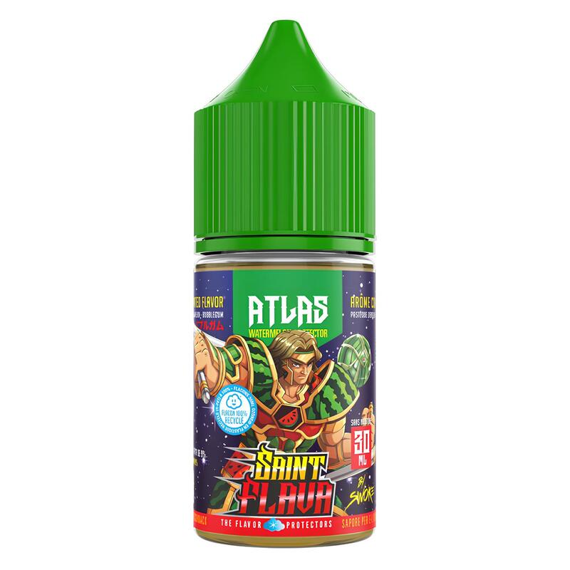 Flacon d'arÎme concentré Atlas 30ml Saint Flava avec bouchon vert et illustration de guerrier sur fond pastÚque.