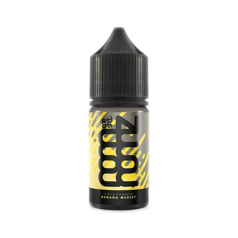 Flacon de 30ml d'arÎme concentré Nom Nomz Banana Medley avec étiquette jaune et noire et bouchon compte-gouttes.