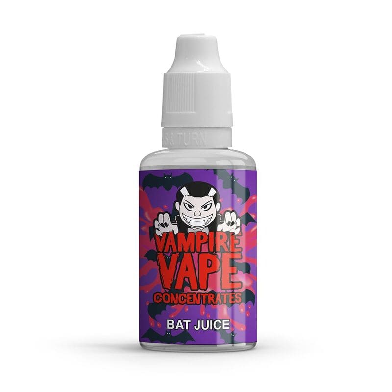 Flacon de 30ml d'arÎme concentré Bat Juice Vampire Vape avec étiquette violette illustrée d'un vampire et de chauves-souris.