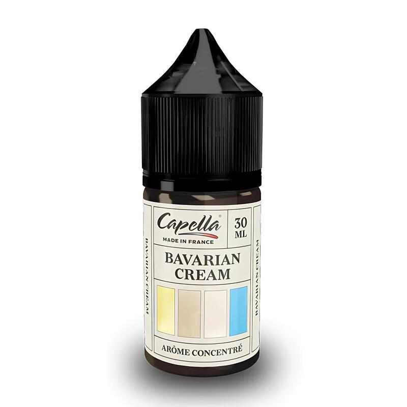 Flacon de 30 ml d'arÎme concentré Capella Bavarian Cream V2 avec bouchon noir et étiquette descriptive.