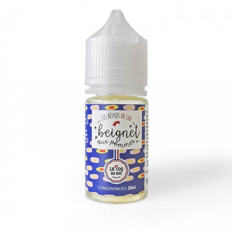 Flacon de 30ml d'arÎme concentré Beignet Aux Pommes Le Coq Qui Vape avec étiquette bleue à motifs colorés.