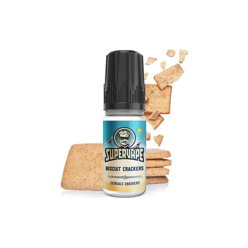 Flacon d'arÎme concentré Supervape Biscuit Crackers 10ml avec étiquette illustrée et biscuits en arriÚre-plan.