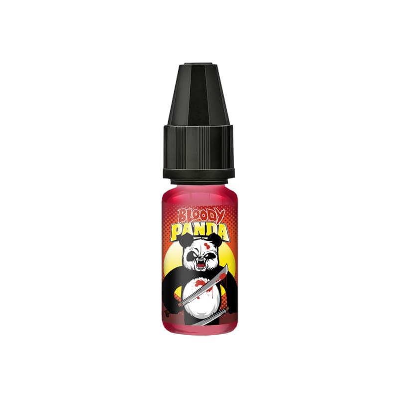 Flacon de 10ml d'arôme concentré Bloody Panda A&L avec étiquette illustrée d'un panda agressif sur fond rouge et jaune.