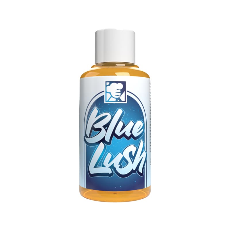 Flacon de 30ml d'arôme concentré Blue Lush Chefs Flavours avec étiquette bleue et bouchon blanc.