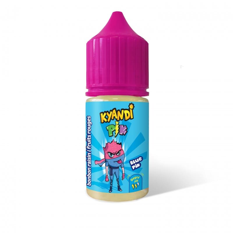 Flacon de 30ml d'arôme concentré Blue Pik Kyandi Shop avec bouchon rose et étiquette bleue illustrée.