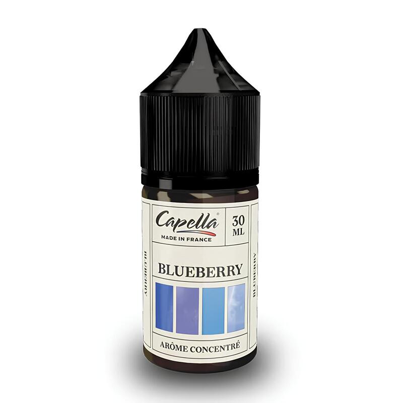 Flacon d'arôme concentré Capella Blueberry 30ml avec bouchon noir et étiquette bleue illustrant des myrtilles.