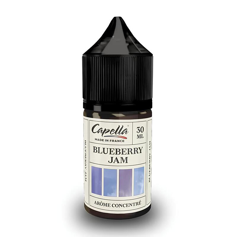 Flacon de 30 ml d'arôme concentré Capella Blueberry Jam avec bouchon noir et étiquette blanche illustrée de myrtilles.