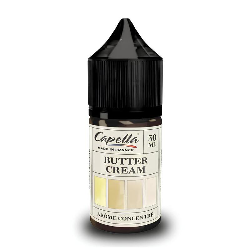 Flacon de 30 ml d'arôme concentré Capella Butter Cream avec bouchon noir et étiquette blanche illustrée.