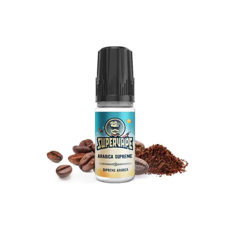 Flacon de 10ml d'arôme concentré Supervape Café Arabica Suprême entouré de grains et de mouture de café.