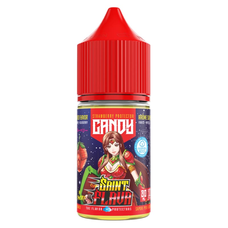 Flacon d'arôme concentré Candy Saint Flava 30ml avec bouchon rouge et illustration manga sur fond bleu nuit.