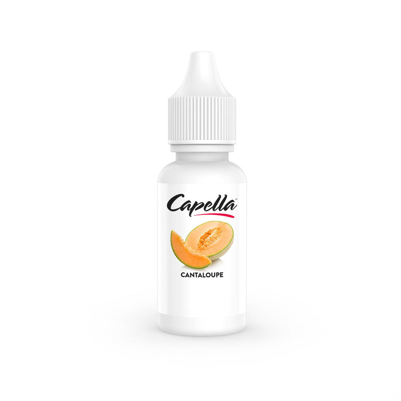 Flacon de 10ml d'arôme concentré Capella Cantaloupe V2 avec étiquette blanche illustrée d'une tranche de melon.