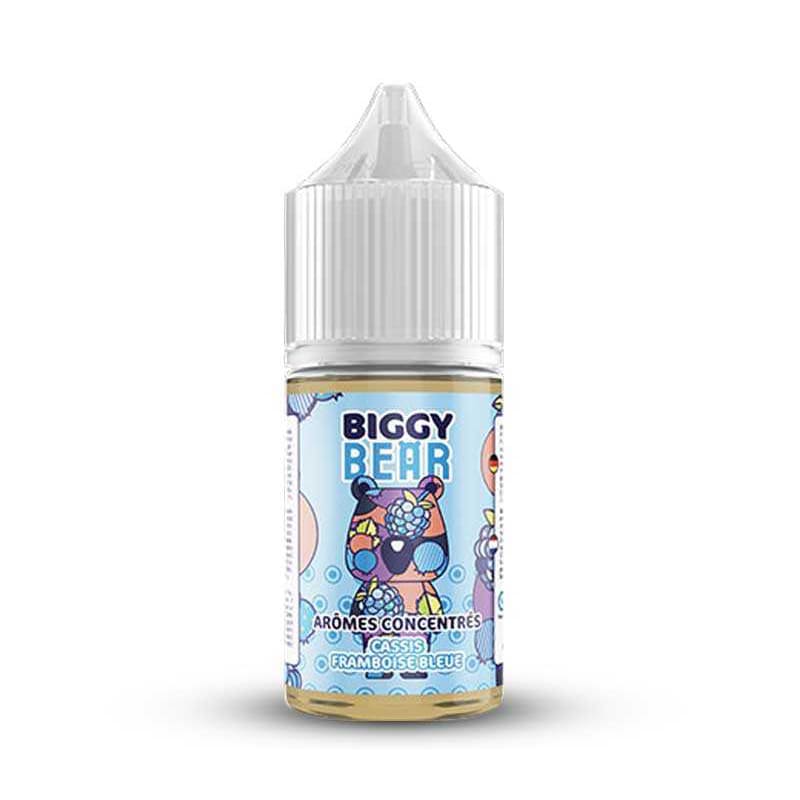 Flacon de 30ml d'arôme concentré Biggy Bear Cassis Framboise Bleue avec étiquette illustrée d'un ours bleu.