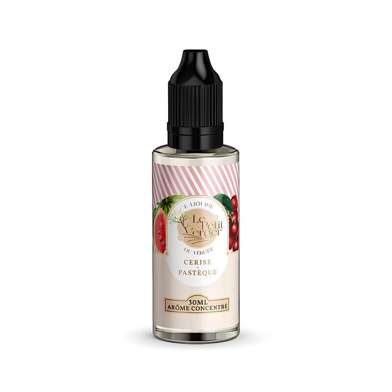 Flacon d'arôme concentré 30ml Le Petit Verger Cerise Pastèque avec bouchon noir et étiquette illustrée de fruits.
