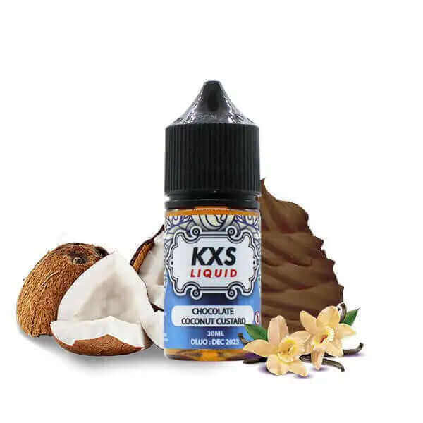 Flacon de 30ml d'arÎme KXS Liquid Chocolate Coconut Custard avec bouchon noir, entouré de noix de coco et de vanille.