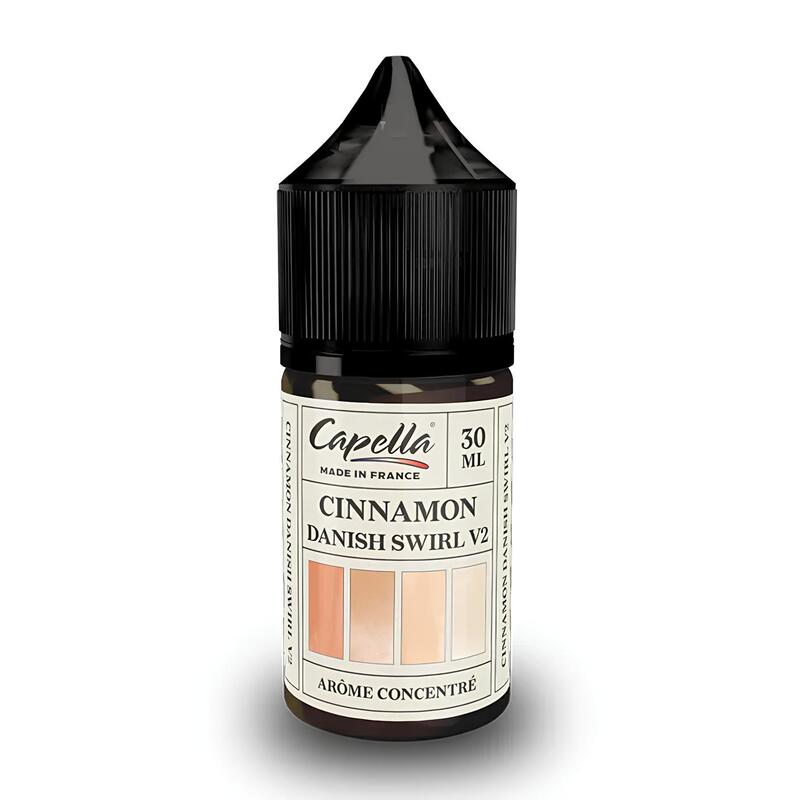 Flacon de 30ml d'arôme concentré Capella Cinnamon Danish Swirl V2 avec bouchon noir sur fond blanc.