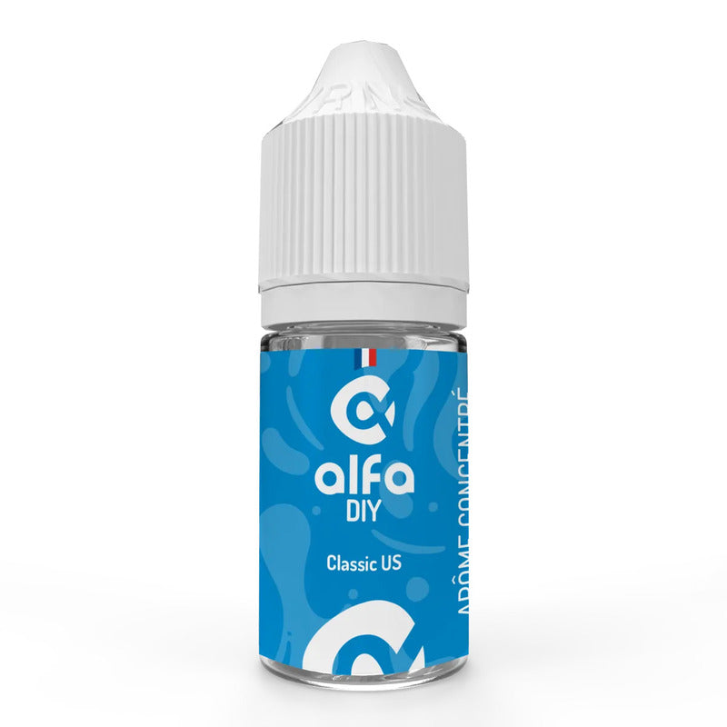 Flacon de 30ml d'arôme concentré Alfa DIY Classic US avec étiquette bleue et bouchon blanc sur fond blanc.