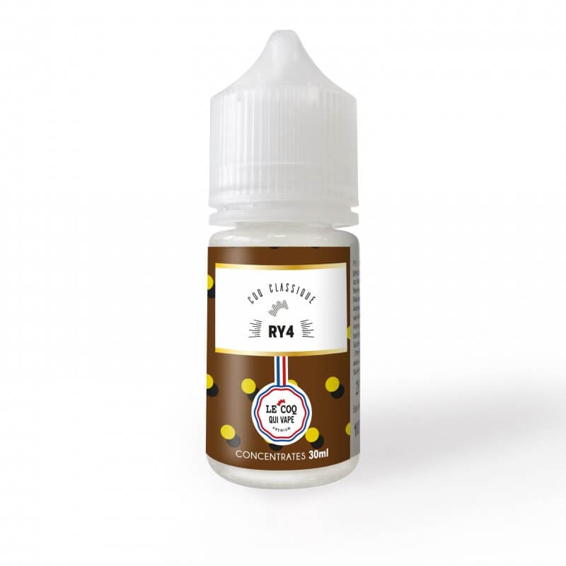 Flacon d'arôme concentré Le Coq Qui Vape Classique RY4 30ml avec étiquette brune à pois jaunes et logo tricolore.