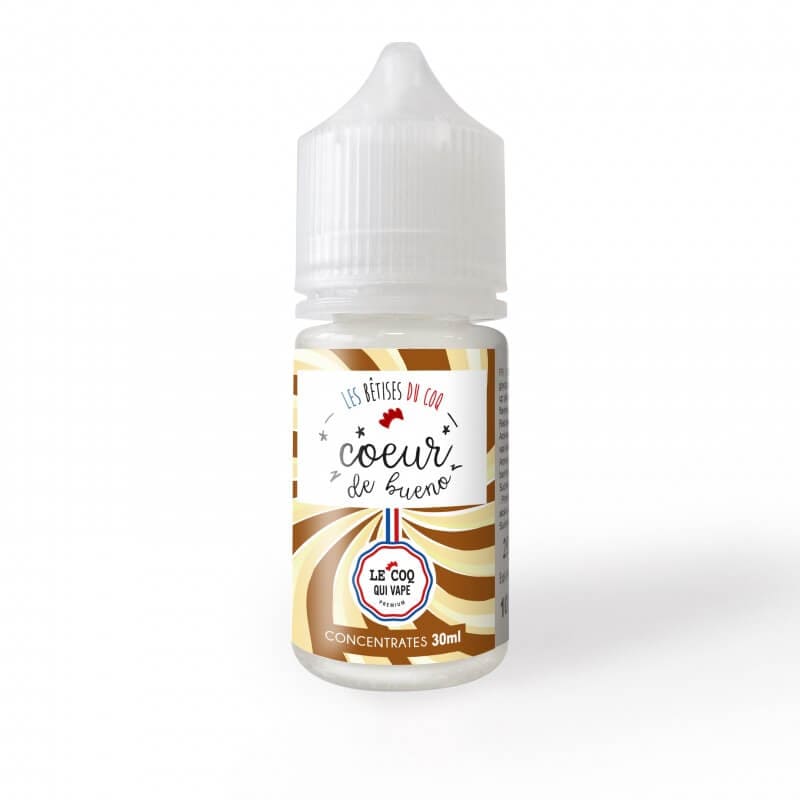 Flacon d'arôme concentré Cœur de Bueno 30ml Le Coq Qui Vape avec étiquette aux motifs tourbillons chocolat et noisette.
