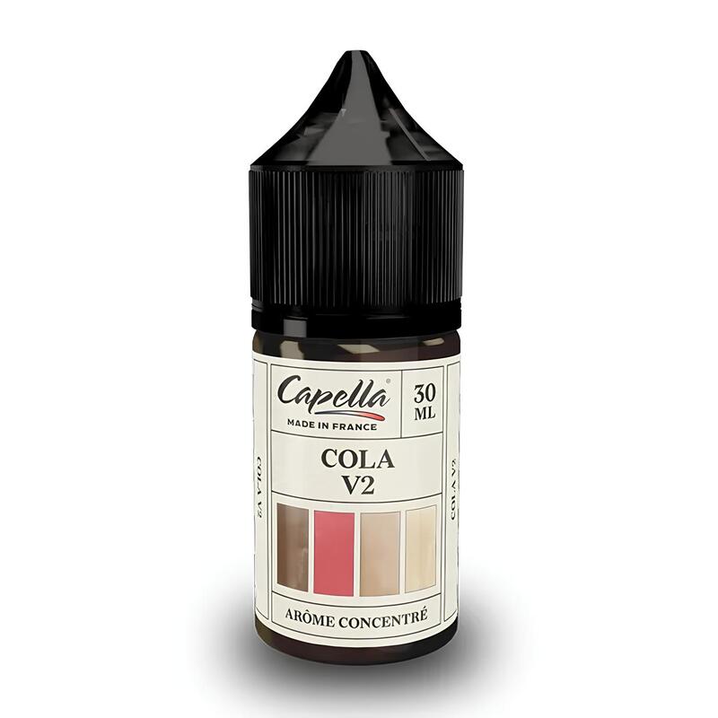 Flacon de 30 ml d'arôme concentré Capella Cola V2 avec bouchon noir et étiquette blanche sur fond neutre.