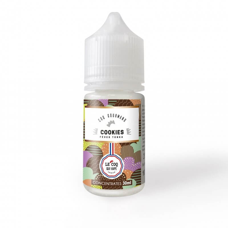 Flacon de 30ml d'arôme concentré Cookies Fèves Tonka Le Coq Qui Vape avec étiquette colorée à motifs graphiques.