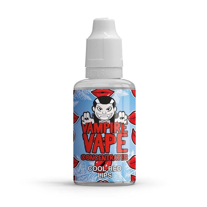 Flacon de 30ml d'arôme concentré Cool Red Lips Vampire Vape avec étiquette bleue, motif lèvres rouges et vampire.