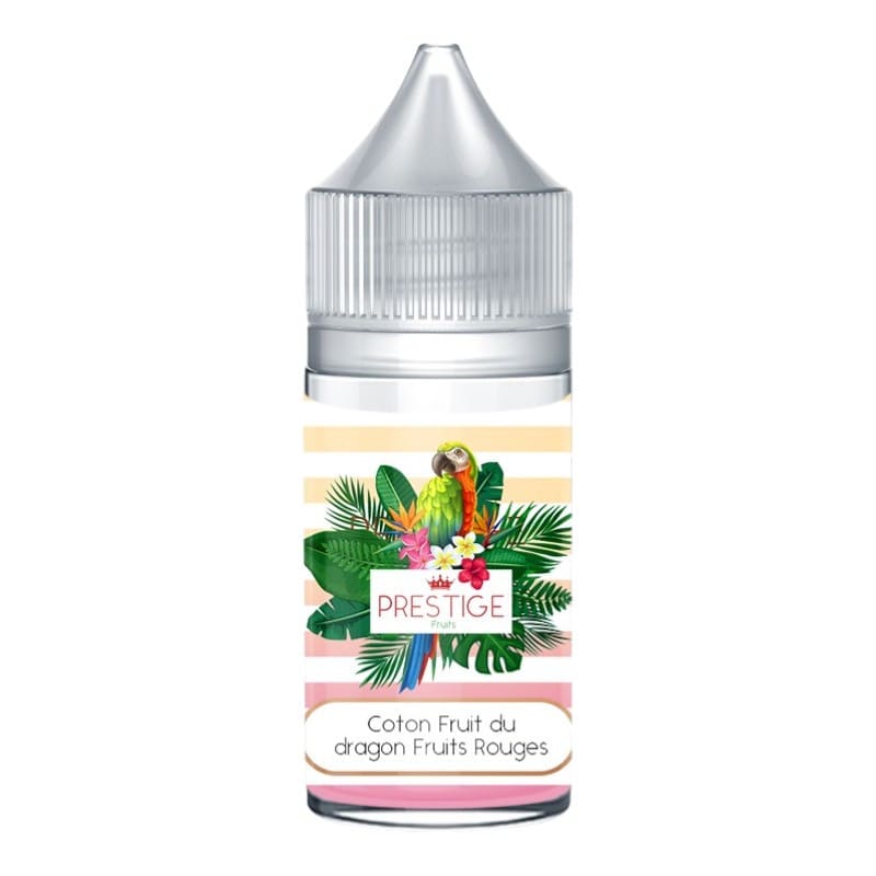 Flacon de 30ml d'arôme concentré Prestige Fruits avec étiquette tropicale illustrée d'un perroquet et de feuilles exotiques.