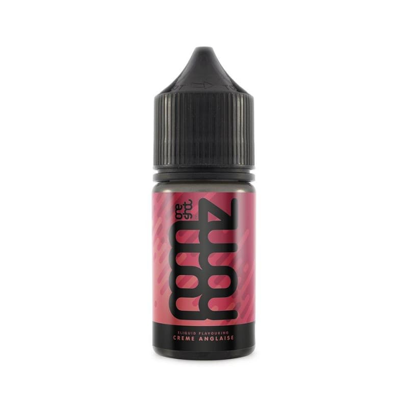 Flacon de 30ml d'arôme concentré Nom Nomz Crème Anglaise avec étiquette rose et bouchon noir à sécurité enfant.