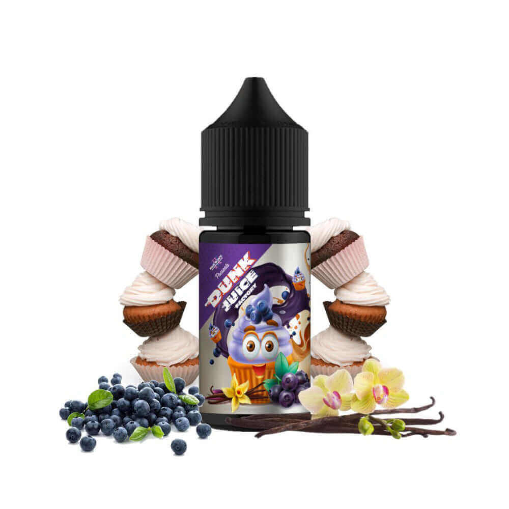 Flacon de 30ml Dunk Juice Cupcake Myrtille Vanille avec étiquette illustrée, entouré de cupcakes, myrtilles et gousses de vanille.
