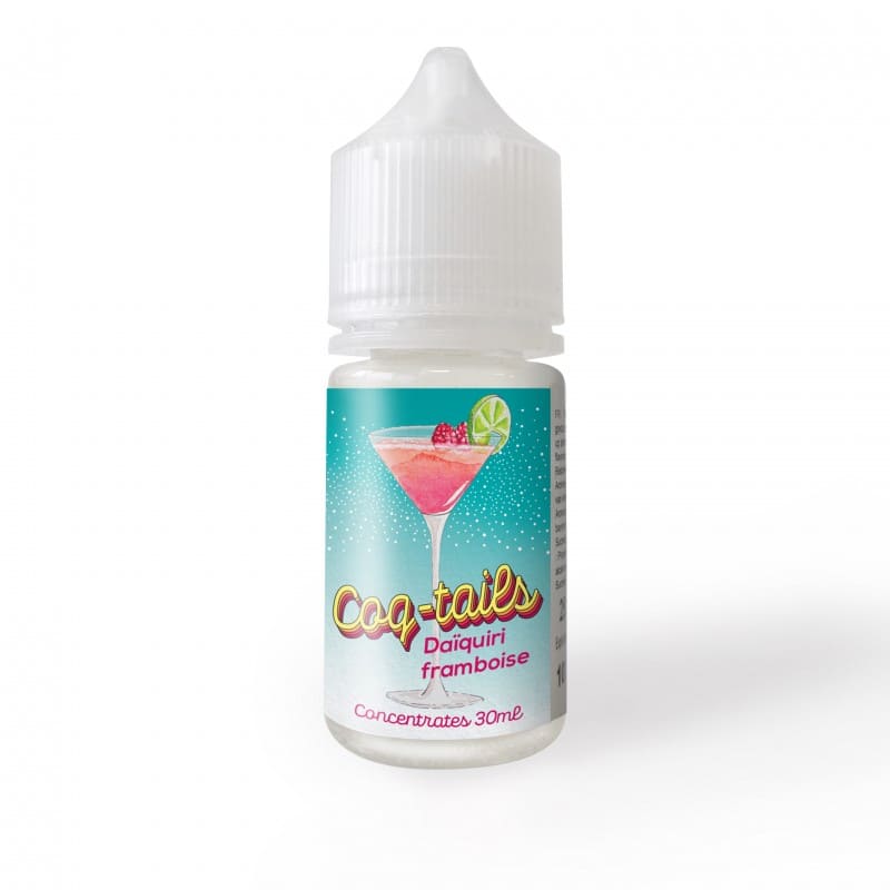 Flacon de 30ml d'arôme concentré Daïquiri Framboise Le Coq Qui Vape avec étiquette illustrée d'un cocktail fruité.