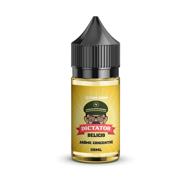 Flacon de 30ml d'arôme concentré Delicio Dictator Savourea avec étiquette jaune et illustration de dictateur.