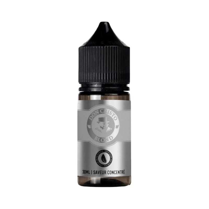Flacon d'arôme concentré Don Cristo Blond 30ml avec étiquette argentée et bouchon noir sur fond blanc.