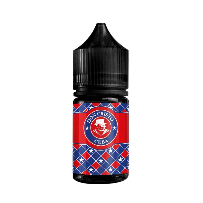 Flacon d'arôme concentré Don Cristo Cuba 30ml avec étiquette rouge et bleue à motifs étoilés et logo cigare.