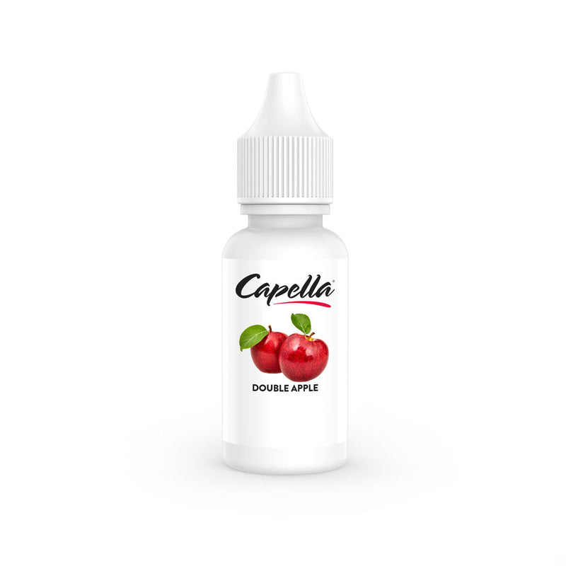 Flacon de 10 ml d'arÎme concentré Capella Double Apple avec étiquette blanche illustrée de deux pommes rouges.