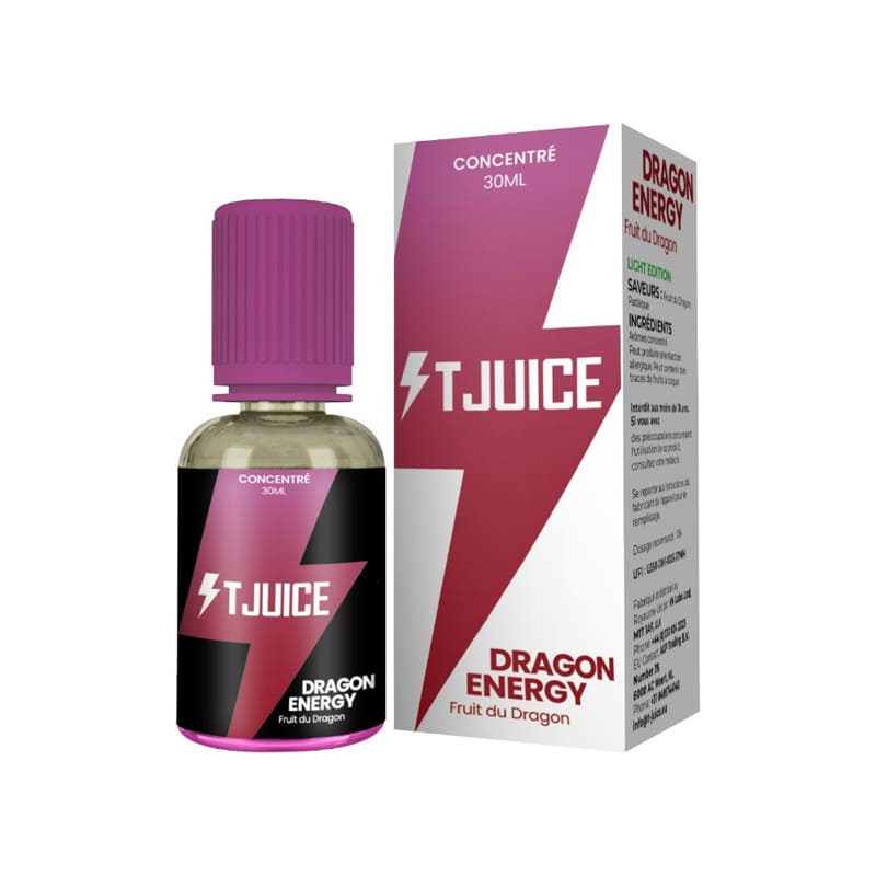 Flacon de 30ml d'arôme concentré T-Juice Dragon Energy avec bouchon violet et boîte assortie au design éclair.
