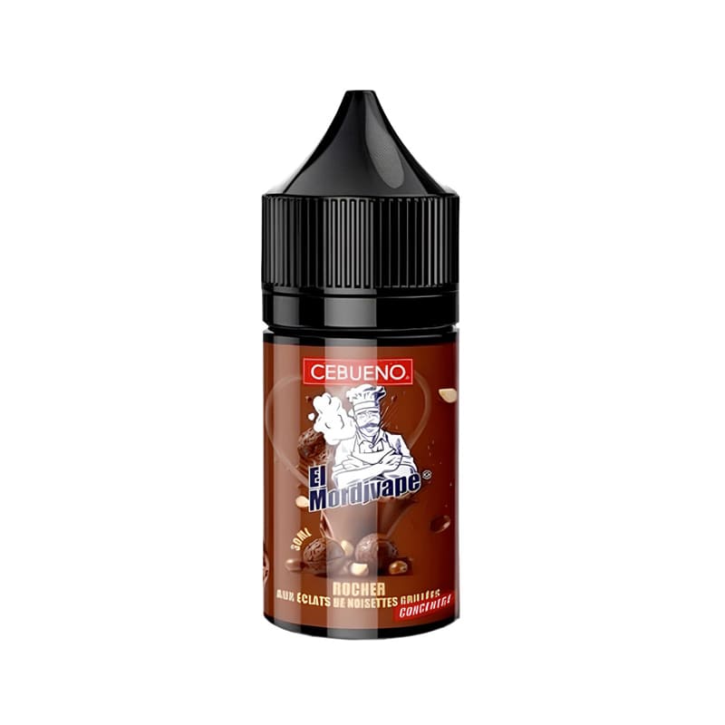 Flacon de 30ml d'arôme concentré El Mordjvape Rocher Cebueno avec étiquette marron illustrée d'un chef et de noisettes.