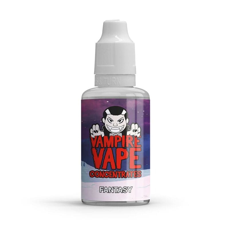 Flacon de 30ml d'arôme concentré Fantasy Vampire Vape avec étiquette illustrée d'un vampire sur fond violet et rouge.