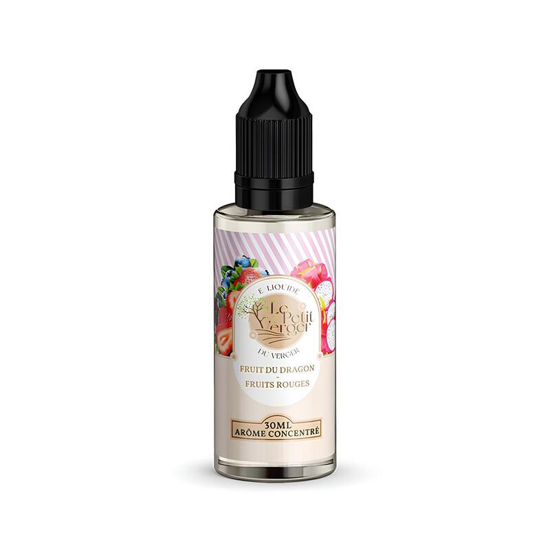 Flacon de 30ml d'arôme concentré Le Petit Verger Fruit du Dragon et Fruits Rouges avec bouchon noir.