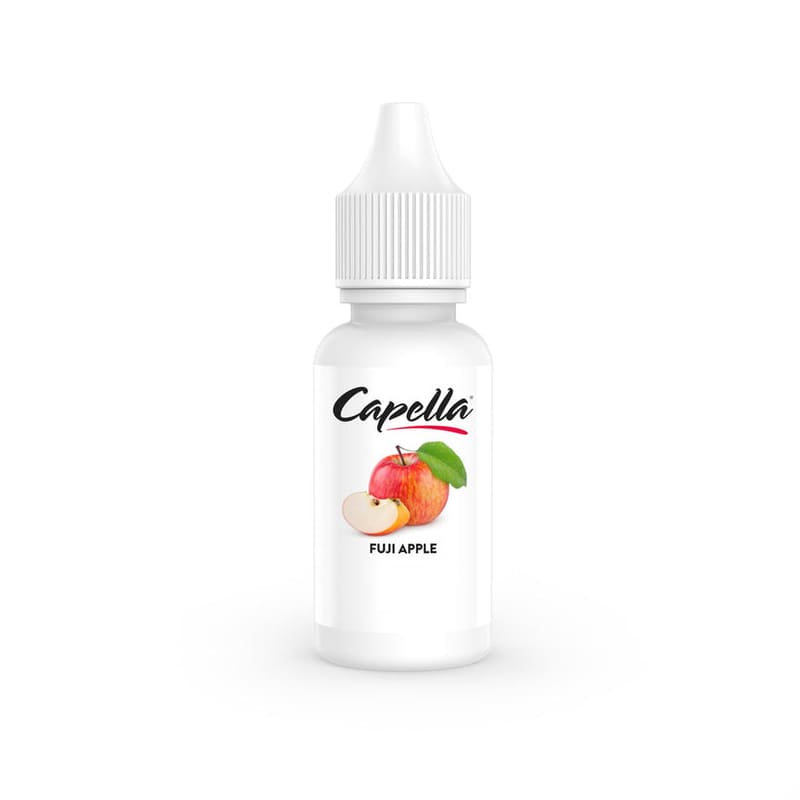 Flacon de 10 ml d'arôme concentré Capella Fuji Apple avec étiquette illustrée d'une pomme rouge sur fond blanc.