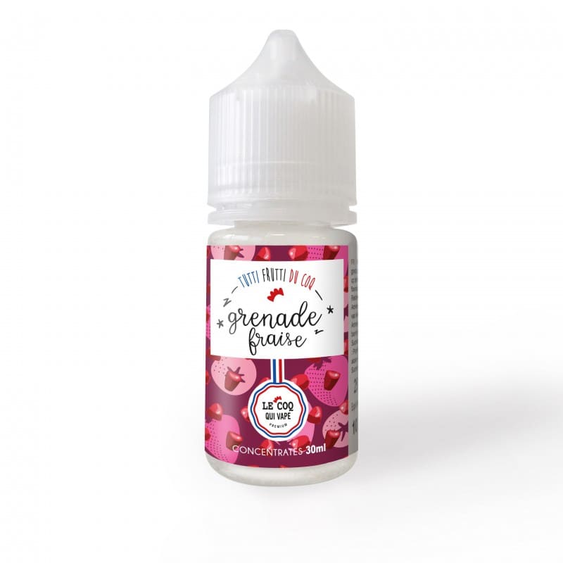 Flacon de 30ml d'arôme concentré Grenade Fraise Le Coq Qui Vape avec étiquette rose illustrée de fruits sur fond blanc.