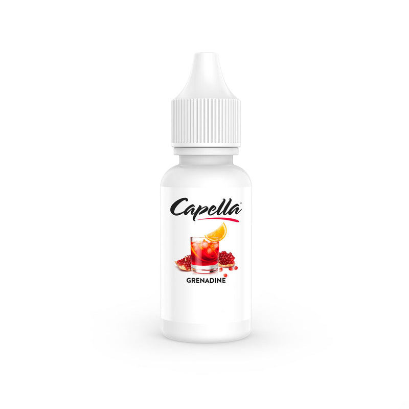 Flacon 10ml d'arôme concentré Capella Grenadine V2 avec bouchon blanc et étiquette illustrée d'un cocktail aux fruits rouges.