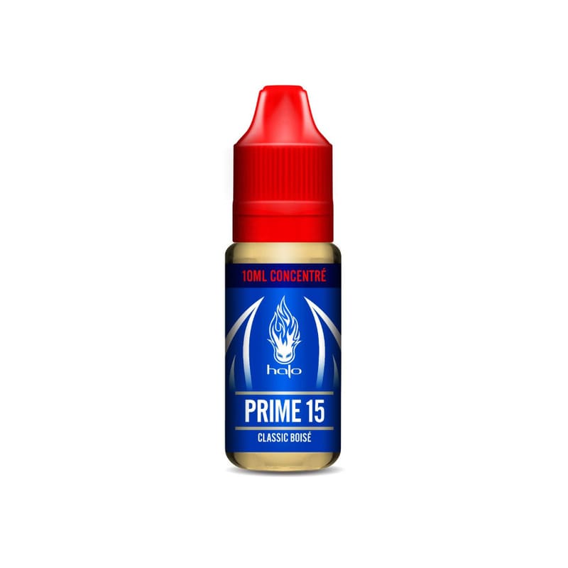 Flacon de 10ml d'arôme concentré Halo Prime 15 avec bouchon rouge et étiquette bleue caractéristique.