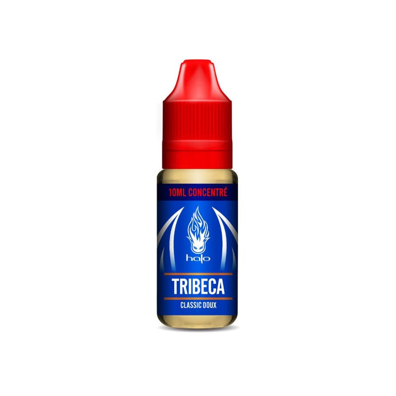 Flacon de 10ml d'arôme concentré Halo Tribeca avec bouchon rouge et étiquette bleue distinctive.