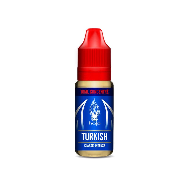 Flacon de 10ml d'arôme concentré Halo Turkish avec bouchon rouge et étiquette bleue marquée Classic Intense.