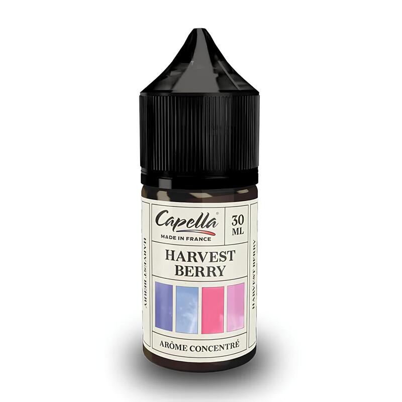 Flacon de 30 ml d'arôme concentré Capella Harvest Berry avec bouchon noir et étiquette illustrée de carrés colorés.