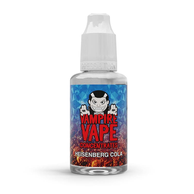 Flacon d'arôme concentré Heisenberg Cola Vampire Vape avec étiquette bleue et rouge illustrée d'un vampire.