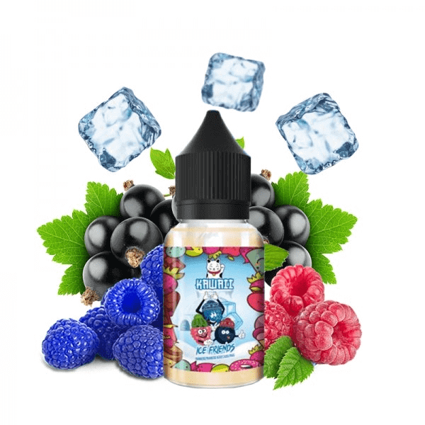 Flacon d'arÎme concentré Kawaii Ice Friends 30ml entouré de framboises, cassis et glaçons sur fond blanc.